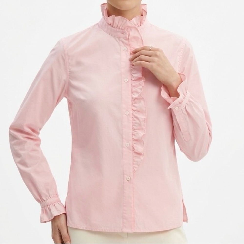 J.Crew Cottage Top in Cotton Poplin Pink Ruffle High Neck Blouse Size 2